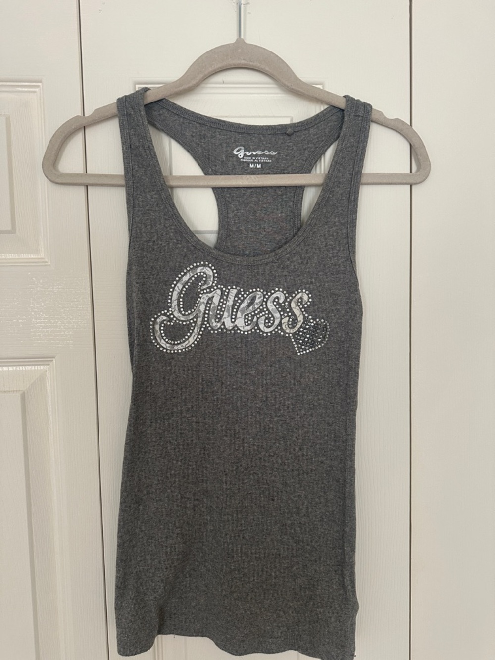 Guess Gray Rhinestone Logo Racerback Tank